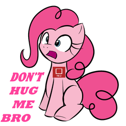 Size: 700x700 | Tagged: source needed, safe, artist:kloudmutt, edit, pinkie pie, bronycon, g4, adventure in the comments, badge, cute, don't taze me bro, drama, female, open mouth, parody, sitting, solo, wide eyes