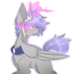 Size: 723x695 | Tagged: safe, artist:sheeppiss, oc, oc only, oc:tye, pegasus, pony, crown, glare, glowing eyes, gritted teeth, looking back, magic, necklace, solo