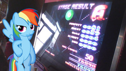 Size: 2000x1125 | Tagged: safe, rainbow dash, g4, arcade game, dance dance revolution, irl, photo, ponies in real life, rhythm game