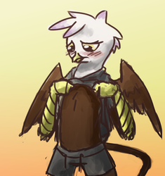 Size: 1124x1194 | Tagged: artist needed, source needed, safe, gilda, griffon, g4, blushing, clothes, flash, flashing, frown, gradient background, sad, shirt, shirt lift, shorts