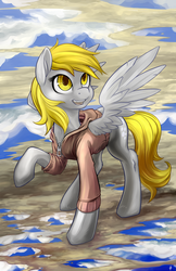 Size: 1100x1700 | Tagged: safe, artist:halley-valentine, derpy hooves, pegasus, pony, g4, clothes, female, hoodie, mare, raised hoof, solo, spread wings, underp