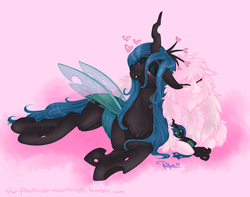 Size: 1943x1533 | Tagged: safe, artist:phathusa, queen chrysalis, oc, oc:fluffle puff, changeling, changeling queen, earth pony, pony, g4, blushing, canon x oc, cuddling, eyes closed, female, fluffy, heart, lesbian, mare, photo, prone, quadrupedal, rubbing, ship:chrysipuff, shipping, smiling, snuggling