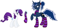 Size: 1700x800 | Tagged: safe, artist:yooyfull, princess luna, rarity, g4, alternate hairstyle, clothes, levitation, magic, makeover, ponytail, raised hoof, scarf, simple background, socks, striped socks