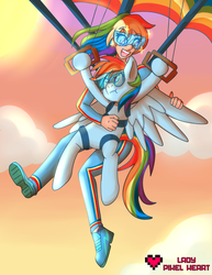 Size: 2975x3850 | Tagged: safe, artist:ladypixelheart, rainbow dash, human, g4, air ponyville, clothes, goggles, grumpy, high res, human ponidox, humanized, jumpsuit, parachute, skydiving, wing envy
