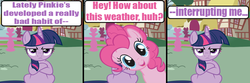 Size: 1080x360 | Tagged: safe, artist:death-driver-5000, pinkie pie, twilight sparkle, g4, comic, garfield, grumpy twilight, purple text, vector