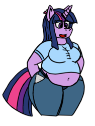 Size: 787x1042 | Tagged: safe, artist:aaronwolf17, twilight sparkle, unicorn, anthro, g4, belly button, chubby, clothes, fat, female, jeans, pants, shirt, solo, twilard sparkle