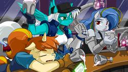 Size: 1566x886 | Tagged: safe, artist:shonuff44, oc, oc only, oc:frosty winds, oc:greaser, oc:sugar rush, cyborg, anthro, fallout equestria, fallout equestria: dark shores, fallout equestria: memories, fallout equestria: outlaw, breasts, cleavage, commission, drink, female, milkshake