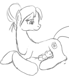 Size: 799x887 | Tagged: safe, artist:patch, oc, oc only, oc:bundle joy, breastfeeding, foal, horses doing horse things, implied crotchboobs, monochrome, nonsexual nursing, nursing, sketch, suckling
