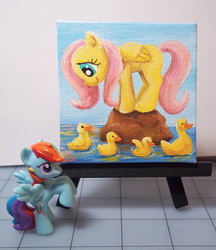 Size: 2458x2850 | Tagged: safe, artist:cadmiumcrab, fluttershy, rainbow dash, duck, g4, acrylic painting, animal, high res, irl, painting, size difference, toy, traditional art, water