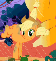 Size: 479x521 | Tagged: safe, screencap, applejack, earth pony, pony, g4, look before you sleep, season 1, action pose, animated, balancing, bucking, cinemagraph, dirty, female, frown, gif, golden oaks library, looking at you, rain, raised leg, solo, wide eyes, wind, window, windswept mane