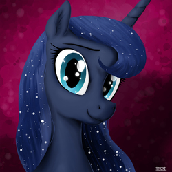 Size: 2500x2500 | Tagged: dead source, safe, artist:selenophile, princess luna, g4, cute, female, high res, looking at you, moonlight inquiries, portrait, raised eyebrow, smiling, solo