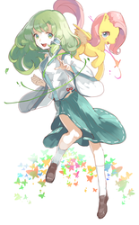 Size: 682x1100 | Tagged: safe, artist:yu, fluttershy, g4, crossover, kochiya sanae, pixiv, touhou