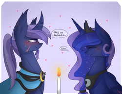 Size: 900x700 | Tagged: safe, artist:sheeppiss, princess luna, oc, oc:azure night, g4, azuna, candle, canon x oc, date, female, male, straight