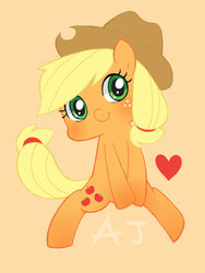 Size: 600x800 | Tagged: safe, artist:puchiko, applejack, g4, cute, female, heart, pixiv, simple background, solo