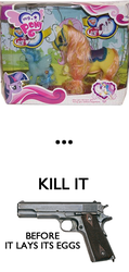 Size: 428x900 | Tagged: safe, bootleg, gun, handgun, my pony, pistol, simple background, text, toy