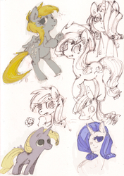 Size: 632x900 | Tagged: safe, artist:yachimata, applejack, derpy hooves, rarity, pegasus, pony, unicorn, g4, female, mare, pixiv, sketch, sketch dump