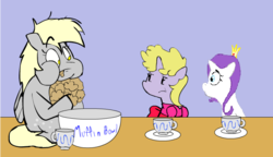 Size: 693x400 | Tagged: safe, artist:tooneyd, derpy hooves, dinky hooves, rarity, pegasus, pony, ask ditzy doo, g4, ask, crown, eating, female, mare, muffin, puffy cheeks, tea, tea party, teacup, tumblr