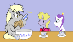 Size: 693x400 | Tagged: safe, artist:tooneyd, derpy hooves, dinky hooves, rarity, pegasus, pony, ask ditzy doo, g4, ask, crown, female, mare, muffin, tea, tea party, teacup, tumblr