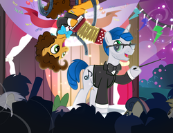 Size: 900x695 | Tagged: safe, artist:pixelkitties, bon bon, cheese sandwich, derpy hooves, spike, sweetie drops, pegasus, pony, g4, bow, bowtie, clothes, female, mare, pixelkitties' brilliant autograph media artwork, steffan andrews, suit, tuxedo