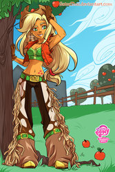 Size: 600x900 | Tagged: safe, artist:satrathai, applejack, human, g4, belly button, belt, chaps, cleavage, clothes, female, gloves, humanized, midriff, pony coloring, solo, tree