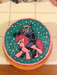 Size: 720x960 | Tagged: safe, artist:coelasquid, pinkie pie, earth pony, pony, g4, birthday cake, cake, crossover, food art, garrus vakarian, irl, mass effect, photo, riding, stars