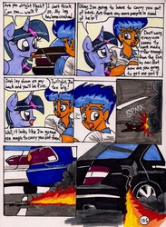 Size: 1386x1895 | Tagged: safe, artist:newyorkx3, flash sentry, twilight sparkle, alicorn, human, pony, comic:twilight and the big city, g4, car, comic, female, fire, mare, mercedes-benz, mercedes-benz c-class, mercedes-benz w124, mercedes-benz w204, this will end in explosions, traditional art, twilight sparkle (alicorn)