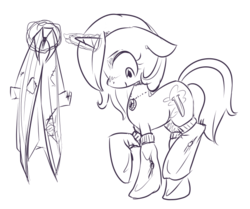 Size: 651x545 | Tagged: safe, artist:inlucidreverie, oc, oc only, oc:noble blue, fallout equestria, clothes, lab coat, monochrome, sketch, socks, solo