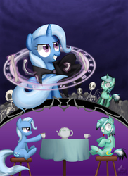 Size: 700x963 | Tagged: safe, artist:obcor, lyra heartstrings, trixie, pony, skeleton pony, unicorn, zombie, g4, :p, bone, context is for the weak, cup, derp, empty eyes, female, glare, grin, hoof hold, levitation, lidded eyes, magic, magic circle, mare, necromancy, no catchlights, no pupils, runes, sitting, skeleton, smiling, smirk, stool, table, tea, teacup, teapot, telekinesis, tongue out