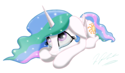 Size: 1055x619 | Tagged: safe, artist:tsand106, princess celestia, pony, g4, crying, female, mare in the moon, prone, reflection, solo