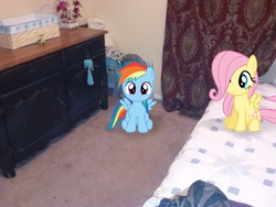 Size: 2592x1944 | Tagged: safe, artist:chubble-munch, artist:posey-11, artist:tokkazutara1164, fluttershy, rainbow dash, g4, bed, curtains, dresser, filly fluttershy, filly rainbow dash, irl, photo, ponies in real life, sitting, vector