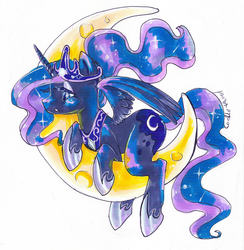 Size: 1459x1492 | Tagged: safe, artist:corelle-vairel, princess luna, g4, crescent moon, female, moon, solo, tangible heavenly object, traditional art