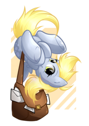 Size: 496x700 | Tagged: safe, artist:secret-pony, derpy hooves, pegasus, pony, g4, chibi, female, looking at you, mail, mailbag, mare, smiling, solo, underhoof, upside down