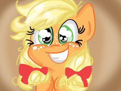 Size: 640x480 | Tagged: safe, artist:lianzapa, applejack, g4, alternate hairstyle, bow, bust, cute, female, filly, freckles, grin, hair bow, jackabetes, messy mane, pigtails, portrait, smiling, solo, younger