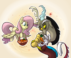 Size: 1234x1009 | Tagged: safe, artist:thedoggygal, angel bunny, discord, fluttershy, draconequus, pegasus, pony, rabbit, g4, animal, basket, carrot, carrying, cute, eyes closed, feeding, female, flying, food, heart, male, mare, paw pads, pet, smiling, trio