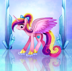 Size: 1000x989 | Tagged: safe, artist:miushich, princess cadance, pony, g4, female, ice skates, ice skating, nervous, reflection, skates, skating, solo, spread wings, younger