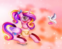 Size: 650x512 | Tagged: safe, artist:miushich, princess cadance, bird, g4, blushing, clothes, female, glasses, hair bow, letter, prone, solo, younger