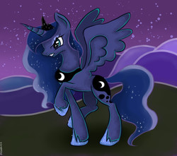 Size: 1018x900 | Tagged: safe, artist:miushich, princess luna, g4, angry, female, night, raised hoof, solo, spread wings