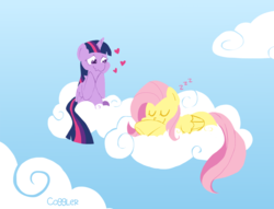 Size: 1000x764 | Tagged: safe, artist:coggler, fluttershy, twilight sparkle, alicorn, pony, g4, cloud, cloudy, duo, duo female, female, heart, lesbian, mare, ship:twishy, shipping, sleeping, twilight sparkle (alicorn)