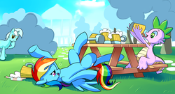 Size: 2447x1325 | Tagged: safe, artist:gsphere, lyra heartstrings, rainbow dash, spike, dragon, pegasus, pony, unicorn, g4, belly, cider, dashaholic, drunk, drunker dash, female, male, mare, open mouth, picnic, sitting