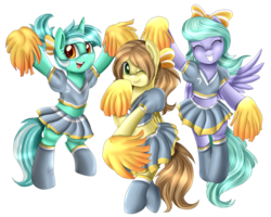 Size: 2926x2341 | Tagged: safe, artist:pridark, flitter, lyra heartstrings, oc, pony, g4, bipedal, cheerleader, hair bow, high res, midriff, simple background, transparent background