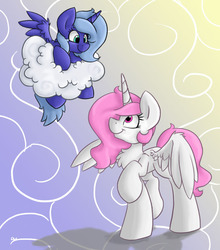 Size: 763x866 | Tagged: safe, artist:luximus17, princess celestia, princess luna, alicorn, pony, g4, abstract background, cewestia, cloud, duo, filly, looking at each other, on a cloud, pink-mane celestia, raised hoof, royal sisters, sisters, smiling, spread wings, wings, woona, younger