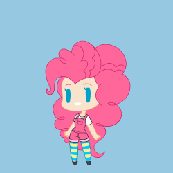 Size: 500x500 | Tagged: safe, artist:khuzang, pinkie pie, human, g4, animated, blue background, chibi, clothes, dialogue, eyes closed, female, happy, humanized, open mouth, overalls, reaction image, simple background, smiling, socks, solo, striped socks, thank you