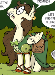 Size: 305x417 | Tagged: safe, artist:katiacandraw, artist:katiecandraw, idw, gizmo, elf, pegasus, pony, g4, official, androgynous, arrow, bag of holding, bard, bow, clothes, comic, cropped, crossdressing, dress, dungeons and dragons, earring, fantasy class, glasses, katie does it again, lejandar gygax, male, moustache, nerd, nerd pony, ogres and oubliettes, pen and paper rpg, round glasses, rpg, saddle bag, shoes, solo, stallion, tabletop game