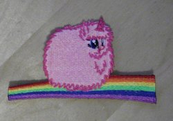 Size: 1024x717 | Tagged: safe, artist:ethepony, oc, oc only, oc:fluffle puff, pink fluffy unicorns dancing on rainbows, badge, patch, photo, solo