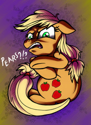 Size: 2802x3854 | Tagged: safe, artist:verulence, applejack, g4, angry, disgusted, ears back, female, hatless, high res, hilarious in hindsight, missing accessory, pear, sitting, solo, that pony sure does hate pears, upset