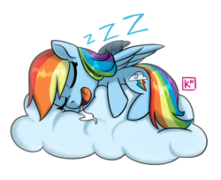 Size: 1000x810 | Tagged: safe, artist:radioactive-k, rainbow dash, pegasus, pony, g4, cloud, drool, female, mare, on a cloud, open mouth, simple background, sleeping, sleeping on a cloud, snoring, solo, white background, zzz