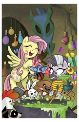 Size: 825x1275 | Tagged: safe, artist:brendahickey, idw, angel bunny, fluttershy, zecora, beaver, bird, butterfly, chicken, pegasus, pony, rabbit, raccoon, squirrel, zebra, friends forever, g4, spoiler:comic, spoiler:comicff5, angel is a bunny bastard, animal, cover, happy