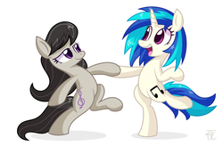 Size: 5250x3450 | Tagged: dead source, safe, artist:php92, dj pon-3, octavia melody, vinyl scratch, earth pony, pony, unicorn, g4, absurd resolution, bipedal, dancing, simple background