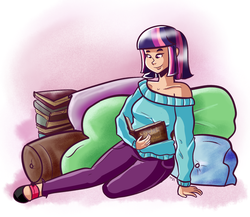 Size: 1000x868 | Tagged: safe, artist:php52, twilight sparkle, human, g4, book, clothes, female, humanized, off shoulder, pillow, solo