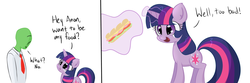 Size: 2000x666 | Tagged: safe, artist:skitter, twilight sparkle, oc, oc:anon, human, pony, unicorn, g4, comic, dialogue, female, food transformation, imminent vore, implied vore, levitation, magic, male, mare, sandwich, telekinesis, transformation, twipred